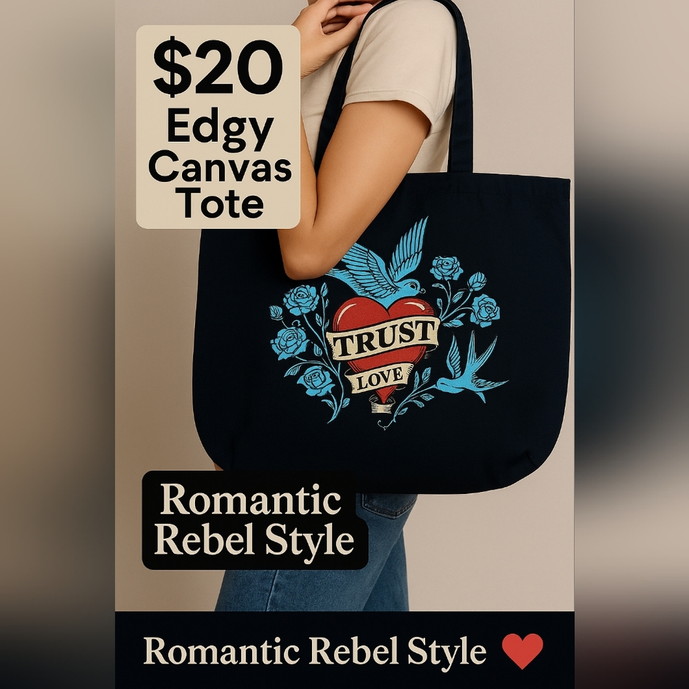 Tattoo Heart & Swallow Tote | Black Canvas Bag | Rockabilly Romance Gift